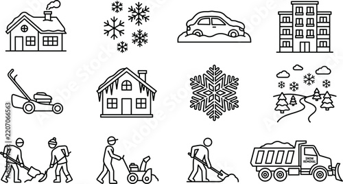 Winter snow removal icon set with house maintenance blizzard weather shovel worker plow truck and outline line vectors