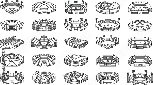 Stadium arena icon set with sports field complex stadium building structure architecture construction outline line vectors