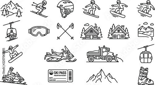 Ski resort winter sports icon set with snowboarding alpine skiing mountain landscape snowmobile and equipment line vectors