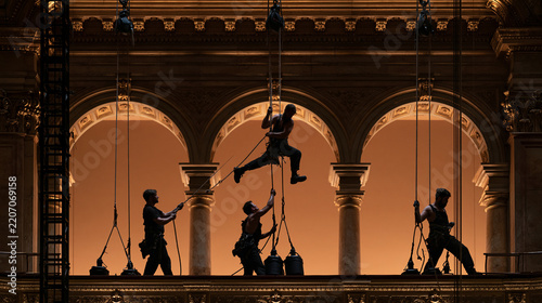 Silhouetted stage crew members work against warm back lighting high on a fly tower, pulling hemp lines and setting counterweights in a traditional counterweight rigging system