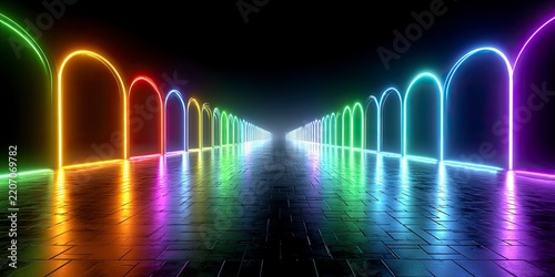Neon arches glowing in rainbow colors lining dark futuristic corridor with reflective tiled floor and copyspace