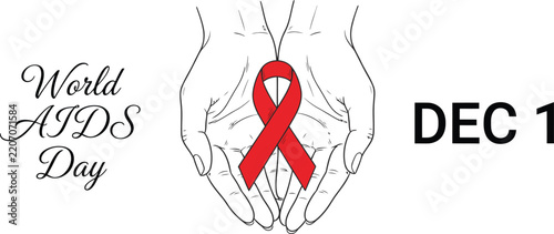 World aids day awareness graphic with a red ribbon symbol on white background