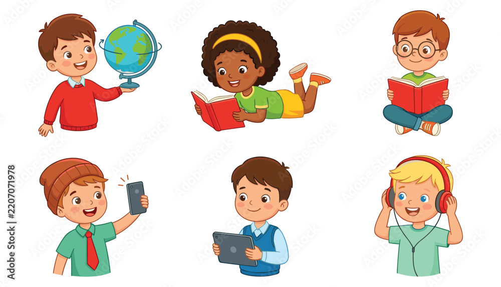 Fototapeta premium Cute diverse children studying and using digital gadgets vector set. Reading book, globe, smartphone, tablet, headphones and modern education.