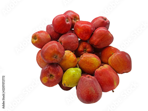 A group of fresh red apples, stacked one on top of the other and isolated against a transparent background.