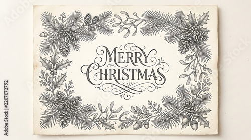 Vintage merry christmas card with detailed botanical wreath illustration
