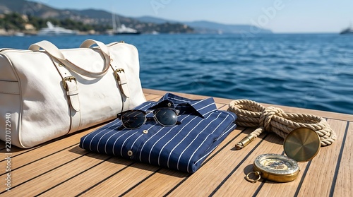 Luxury travel essentials on a yacht deck including a duffel bag striped shirt sunglasses and compass for a sophisticated summer vacation concept