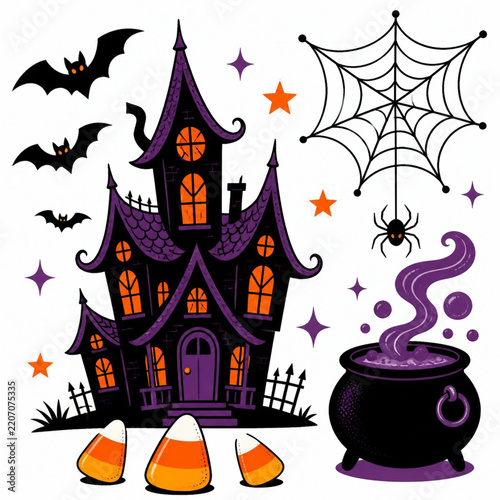 Halloween haunted house and candy illustration