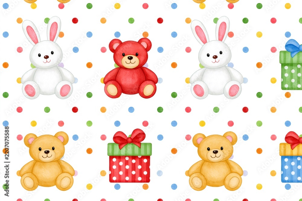 Obraz premium Seamless pattern with cute watercolor teddy bears and rabbits