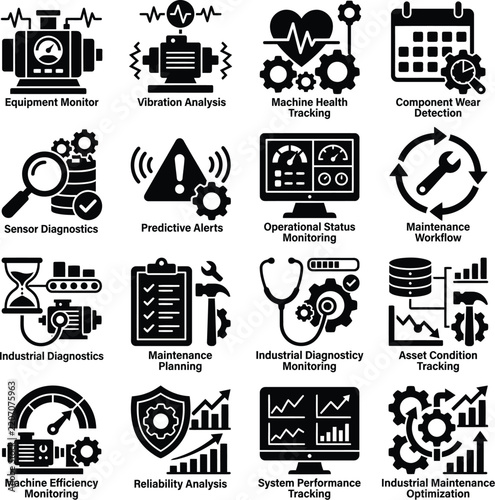 Industrial Predictive Maintenance and Machine Health Monitoring Flat Vector Icon Set, Featuring Vibration Analysis, Sensor Diagnostics, and Asset Condition Tracking Solid Glyphs