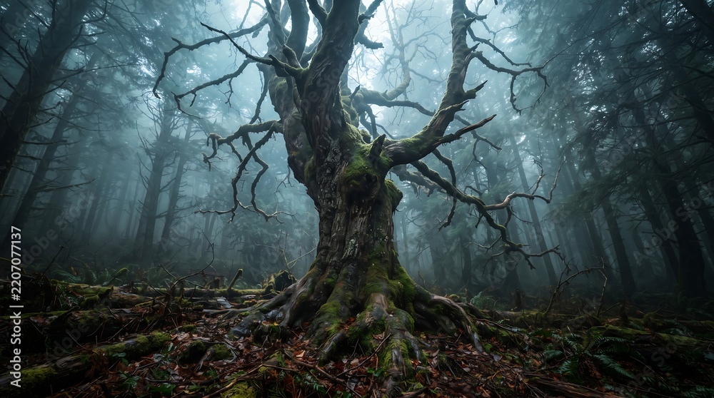 Fototapeta premium An ancient, moss-covered tree with bare, gnarled branches rises dramatically in a dark, foggy pine forest.