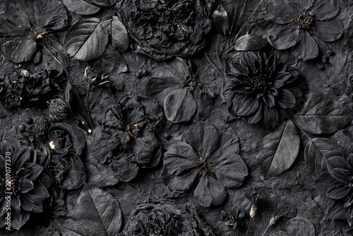A seamless pattern of pressed black flowers with dried petals, stems and leaves, creating a dark botanical background with a vintage herbarium feel.
