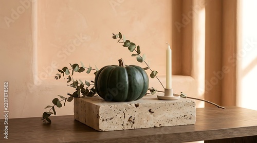 Dark green acorn squash and candle on textured stone minimalist autumn decor for seasonal home staging natural light and earthy tones