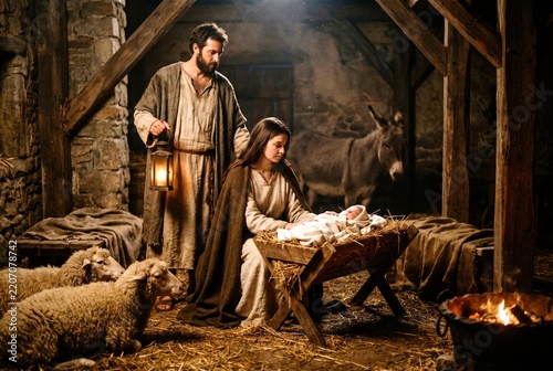 A Nativity scene depicting Mary and Joseph looking over baby Jesus in a manger, with a donkey and sheep present in a dimly lit stable