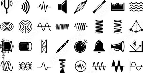 Sound wave and vibration physics icon set featuring acoustics, frequency, oscillation, and audio signals