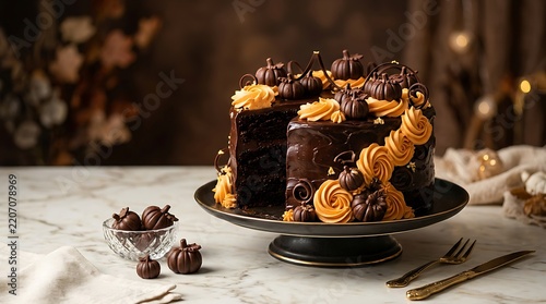 Decadent chocolate cake decorated with pumpkin frosting and autumn leaves perfect for fall celebrations and seasonal baking