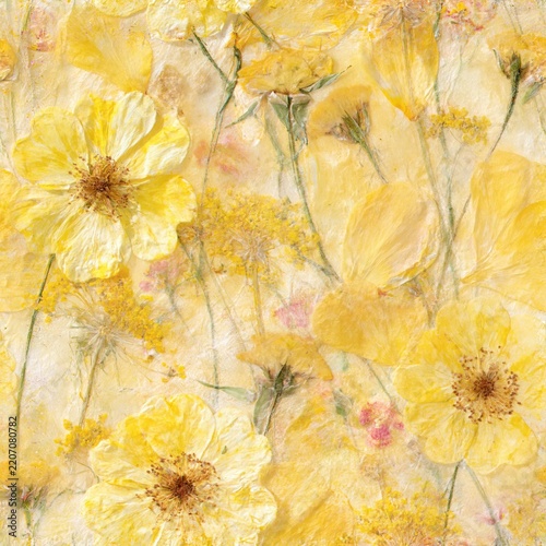 A seamless pattern of pressed yellow and cream flowers with delicate petals and stems, creating a soft botanical herbarium background with a warm pastel texture.