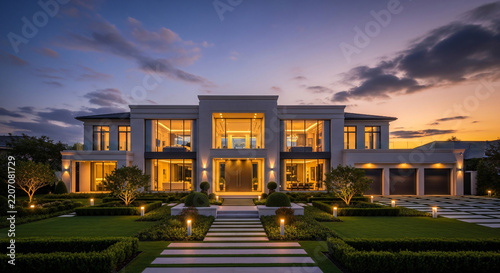 Modern luxury mansion exterior at twilight with glowing lights and landscaped garden
