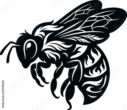 Stylized honeybee silhouette vector illustration black and white tribal logo isolated on white background