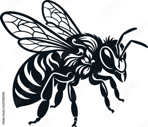 Detailed Honey Bee Vector Illustration, Black and White Tribal Bumblebee Mascot Silhouette Logo Design