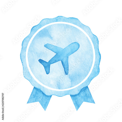 Blue Watercolor Airplane Emblem with Ribbon Rosette Award Badge.
