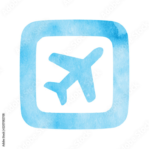 Blue Watercolor Airplane Icon in Rounded Square Frame.