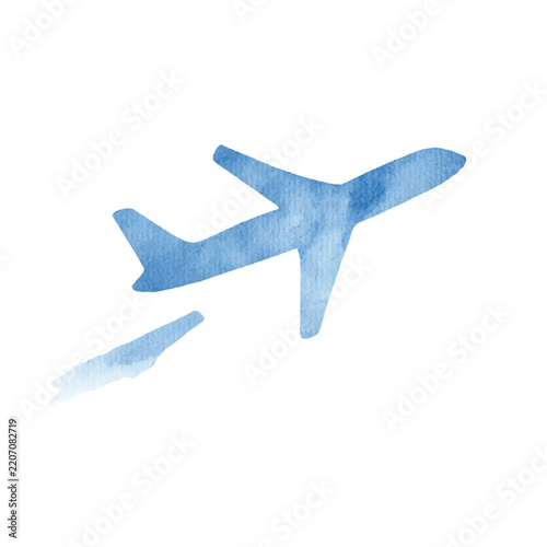 Blue Watercolor Airplane Silhouette Flying Isolated on White Background.