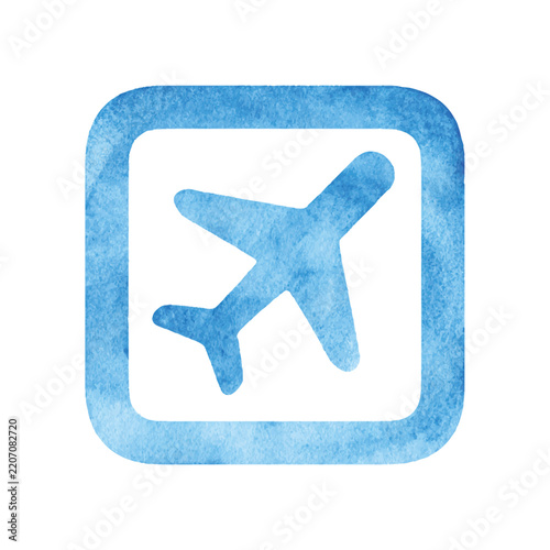 Blue Watercolor Airplane Icon Inside Rounded Square Frame.