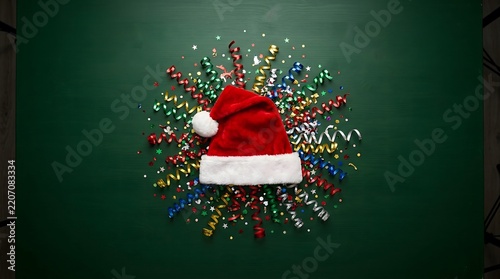Santa Claus red hat with festive colorful confetti on green background