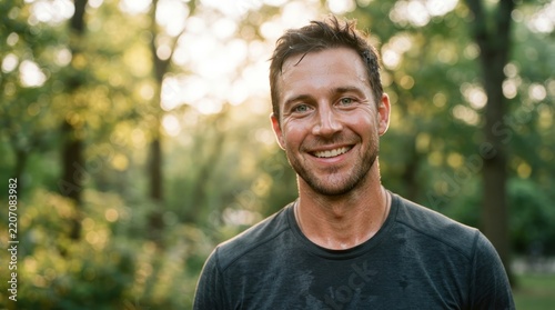 Smiling man in a park during golden hour sunlight
