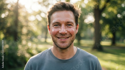 Smiling man in a sunny park with greenery background