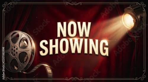 Now Showing cinema banner with film reel and spotlight on red curtain background