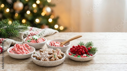 Arrangement of festive Christmas gingerbread cookies, candies, and berries on a wooden table with a decorated tree background