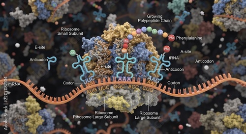 Protein biosynthesis translation process inside ribosome diagram, mRNA and tRNA molecular biology education concept

