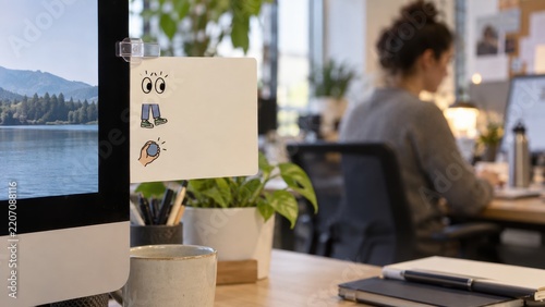 White Mindfulness Cue Card Clipped to Office Computer Monitor