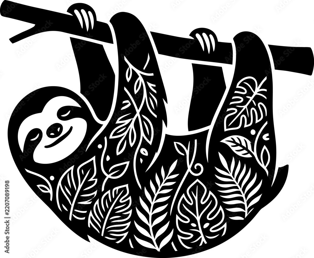 Obraz premium Black and white illustration of a cute sloth hanging on a branch with tropical jungle leaf patterns