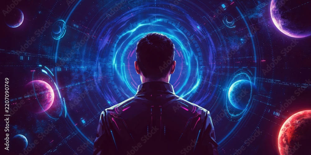 Fototapeta premium Silhouette of a man facing a glowing blue digital portal, surrounded by floating planets and concentric rings in a dark space environment
