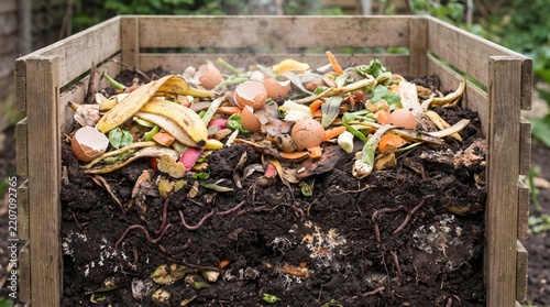 Organic food scraps decomposing in a wooden garden compost bin for sustainable soil fertilization