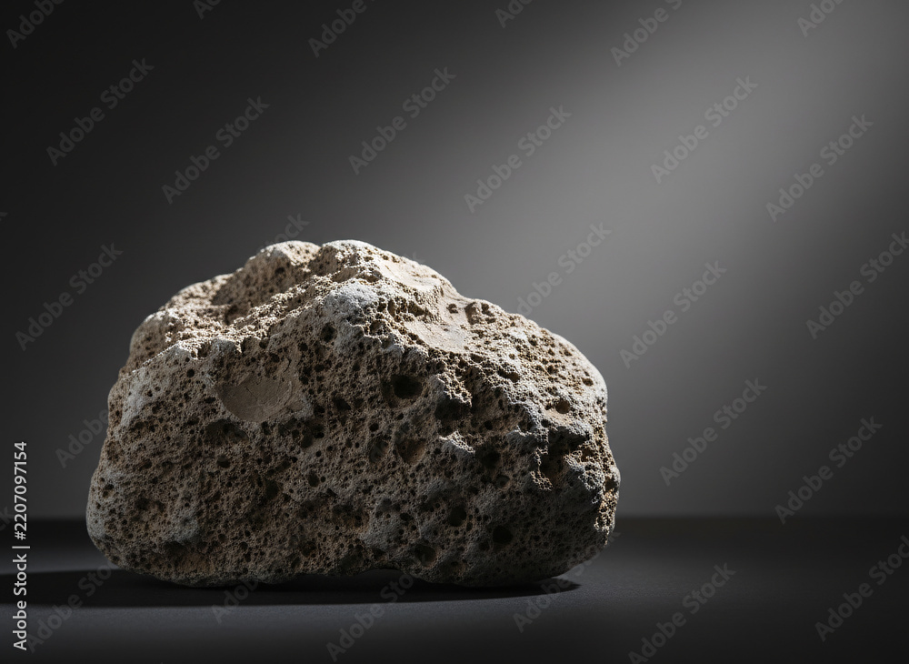 Obraz premium Porous pumice stone up close, surfaces showing honest wear and use, moody low-key light with a single highlight