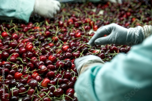 Workers inspect fresh cherries on a sorting conveyor belt in a fruit processing factory, sorting and grading produce for packaging and distribution in agriculture.