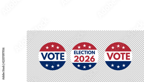 vote 2026 blue red banner, midterm election day poster template, political campaign sticker badge