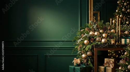 Elegant christmas decorations with gold baubles and gifts on a table against a dark green wall