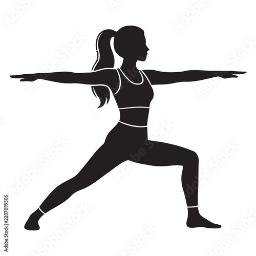 Woman Practicing Warrior II Yoga Pose Silhouette Vector Illustration   