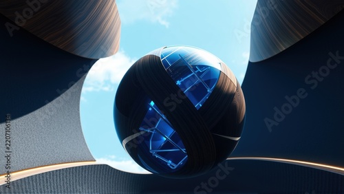 Futuristic sphere suspended within abstract architecture. Blue light emanates from internal circuitry, contrasting dark wood tones. Sky visible above.