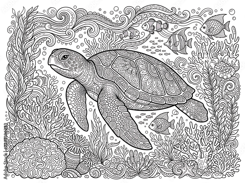 Fototapeta premium Detailed adult coloring page featuring an ornate sea turtle swimming through an intricate underwater coral reef with small fish 