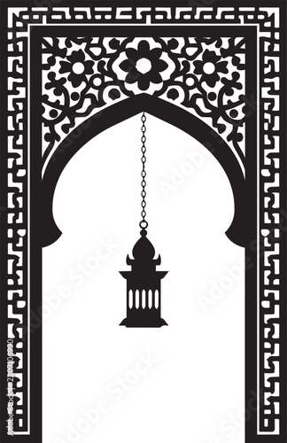 Ornate Islamic Archway with Hanging Lantern and Decorative Floral Pattern Vector Illustration