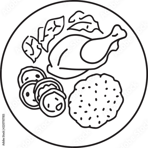 Chicken Rice Meal Plate with Vegetable Slices and Side Dish Black Outline Vector Illustration