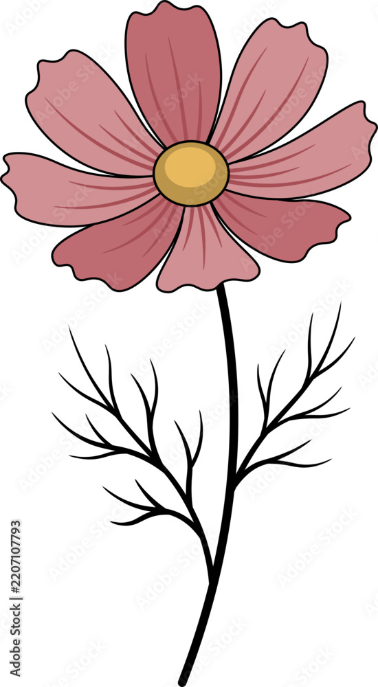Fototapeta premium pink cosmos flower stem vector shape