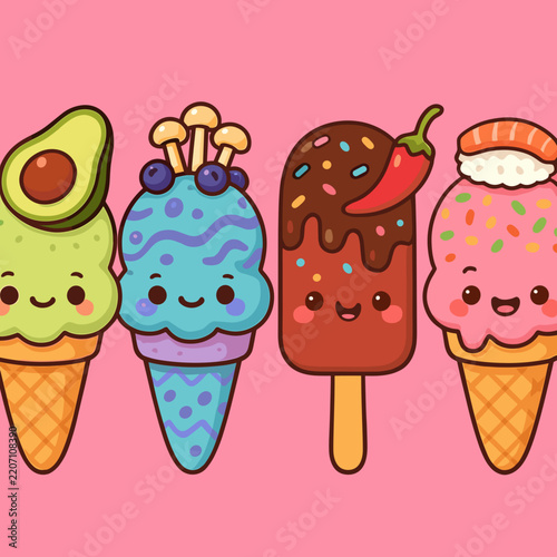 Colorful ice cream cones with cute faces and playful flavors on a pink background