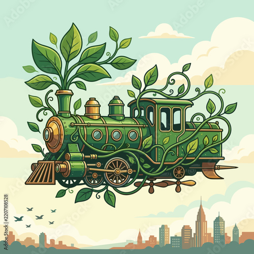 Vintage steam train with green leaves and plants in an urban landscape