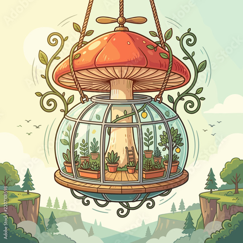 Whimsical mushroom greenhouse with plants in a magical landscape